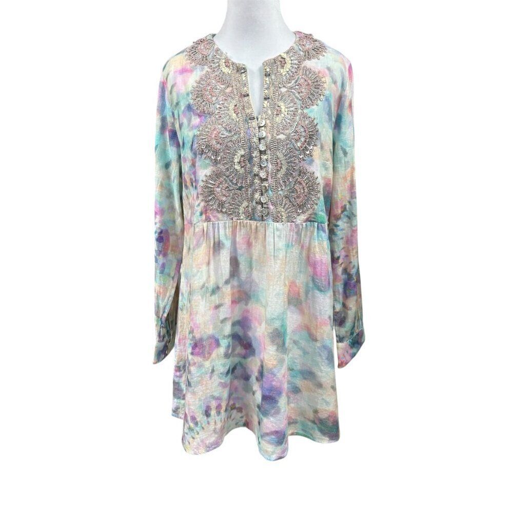 Soft Surroundings Bazille Pastel Tie Dye Embroidered Beaded Tunic Blouse Size M